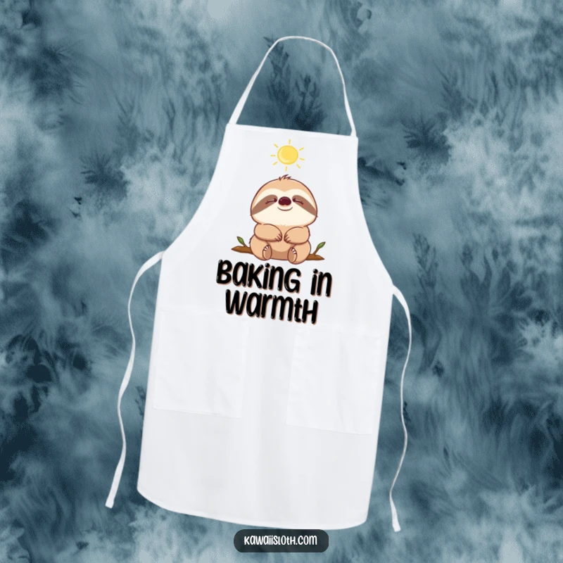 Funny sloth with closed eyes, enjoying a sunbeam, depicted on a kitchen apron, ideal for peaceful cooking.