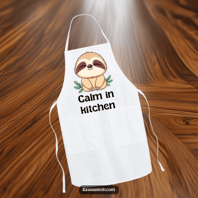 Funny apron with a sloth blinking slowly, symbolizing kitchen calm and relaxed cooking. A great funny gift for home chefs.