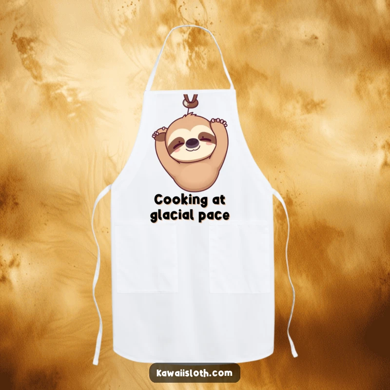 Funny kawaii sloth apron hanging upside down serenely blinking with a faint smile, depicting a comical chef character and adding humor to kitchen attire.