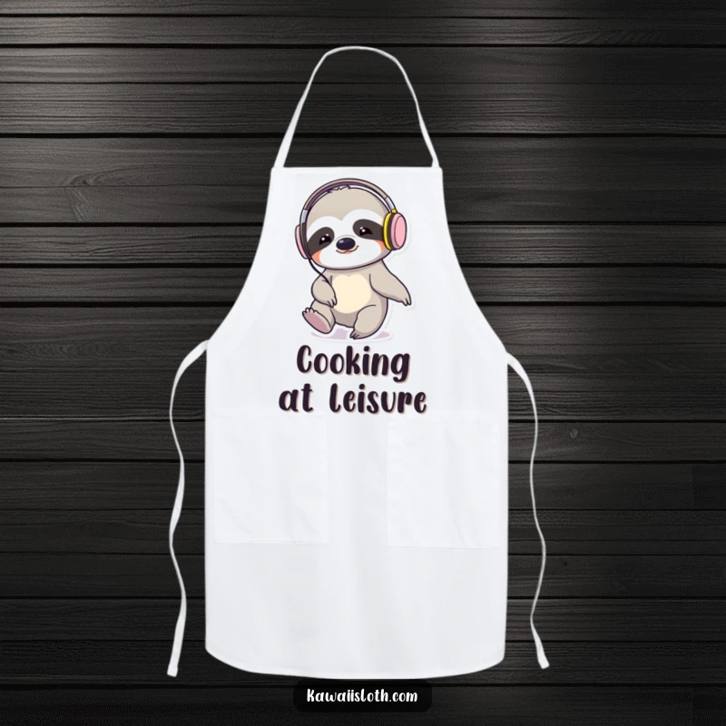 Funny sloth wearing headphones, tapping its foot, depicted on a kitchen apron, ideal for cooking with humor.