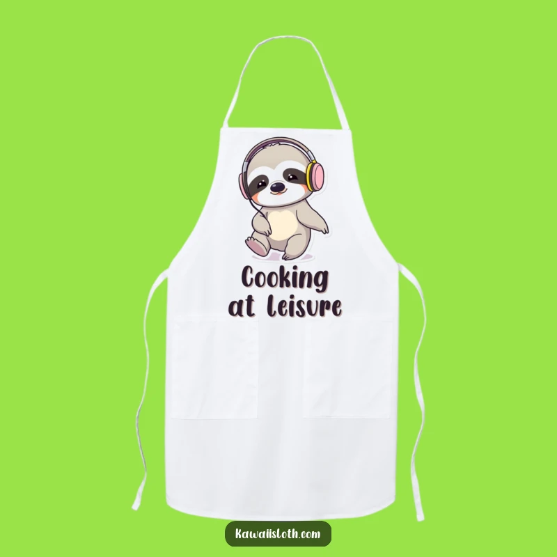 Funny Sloth Headphones Tapping Foot Apron: Cook with Comedic Rhythm