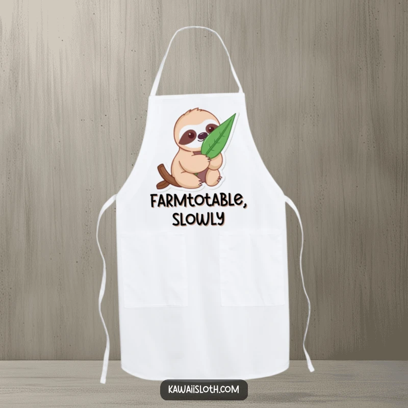Funny Gentle Sloth Apron: a chef's apron with a sloth gently holding a large leaf, for nature enthusiasts.