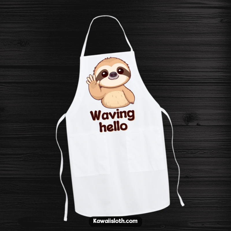 Funny apron showing a sloth giving a slow, gentle wave, perfect for kitchen use with a cheerful touch.