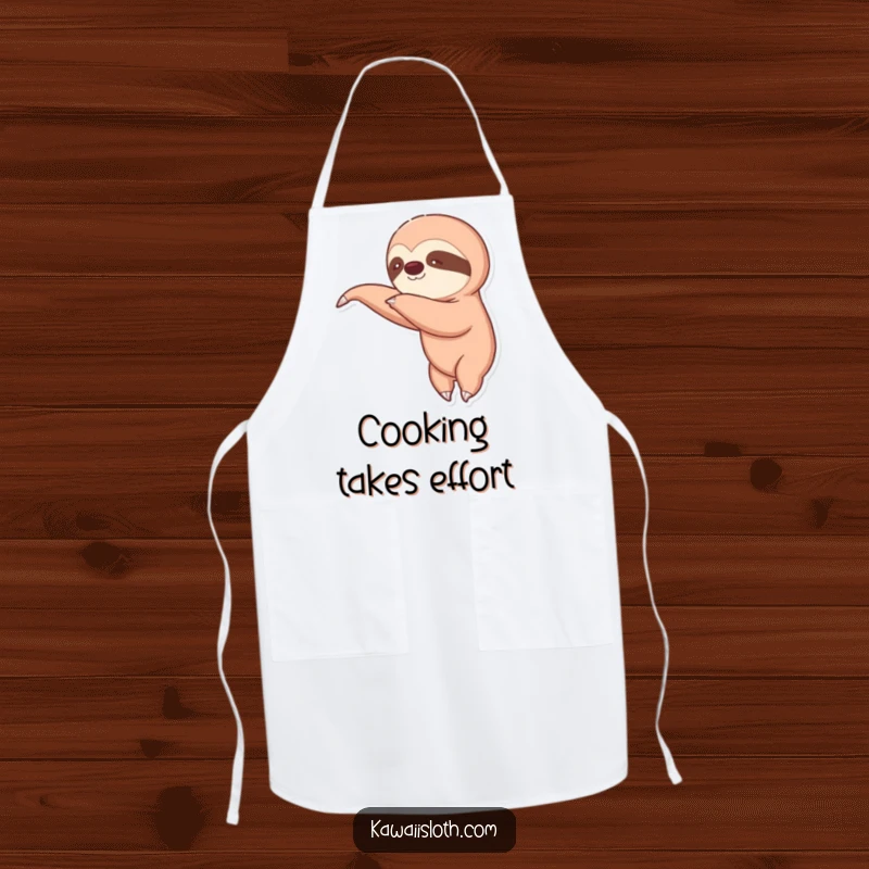 Funny apron with a sloth comically stretching its arm, ideal for kitchen humor and slow cooking enthusiasts. A great funny gift.