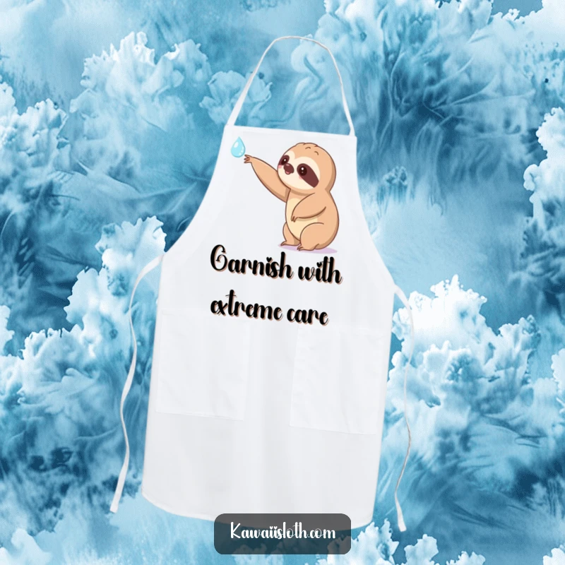 Funny kawaii sloth apron extending a slow arm towards a shimmering dewdrop, depicting a comical chef character and adding humor to kitchen attire.