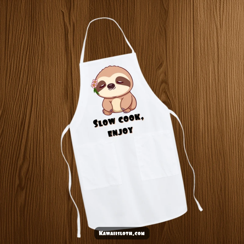 Funny Sloth Apron: a peaceful sloth in a kitchen setting, wearing a small flower, for chefs.