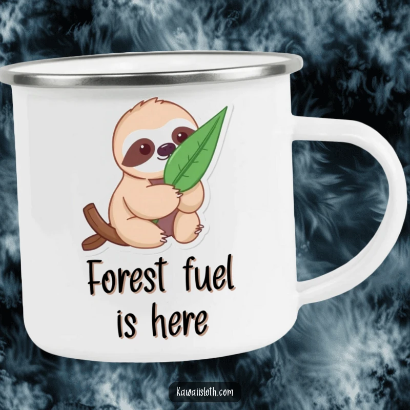 Funny Gentle Sloth Camping Mug: a sloth holding a large leaf, ideal for enjoying drinks outdoors.