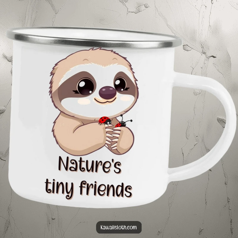Funny camping mug featuring a sloth with innocent eyes observing a ladybug on its paw, for outdoor adventures and gentle humor.
