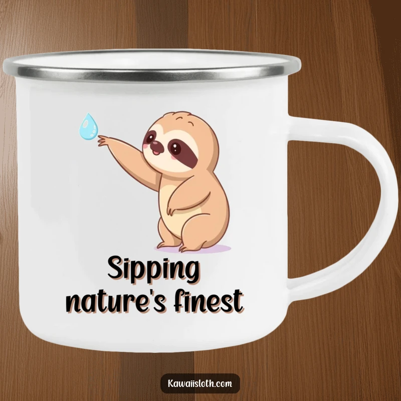 Funny kawaii sloth camping mug extending a slow arm towards a shimmering dewdrop, depicting a comical character for humorous outdoor drinkware.