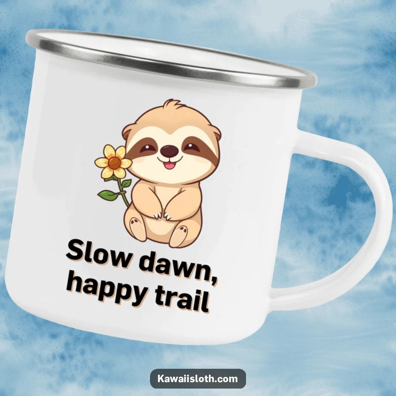 Funny happy sloth with a flower behind its ear waving slowly on a durable camping mug, perfect for relaxed outdoor enjoyment.