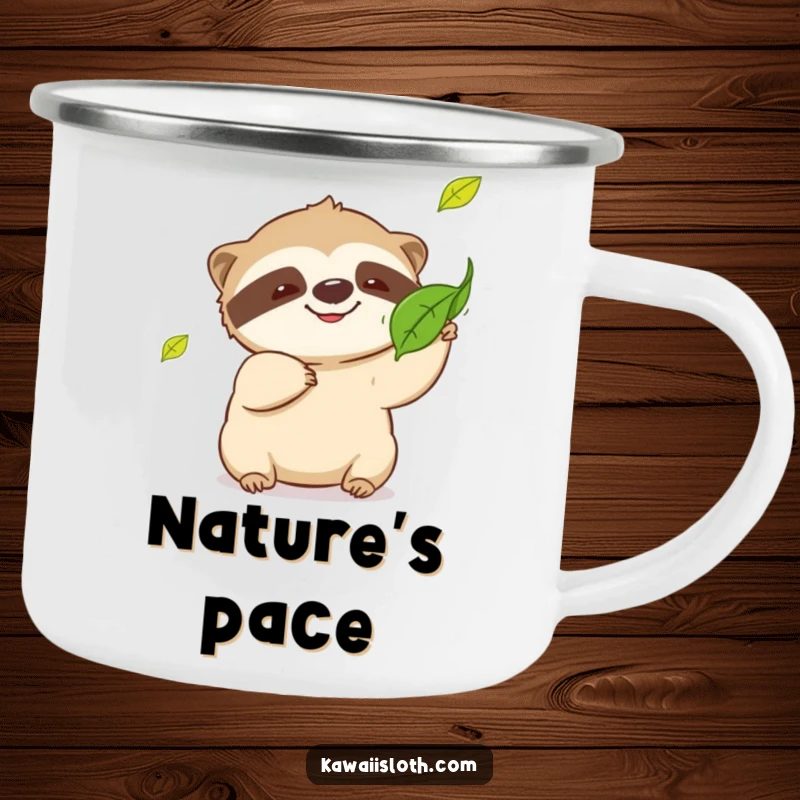 Funny sloth camping mug, playful sloth grinning, attempting to catch a falling leaf, humorous outdoor gear, great funny gift.
