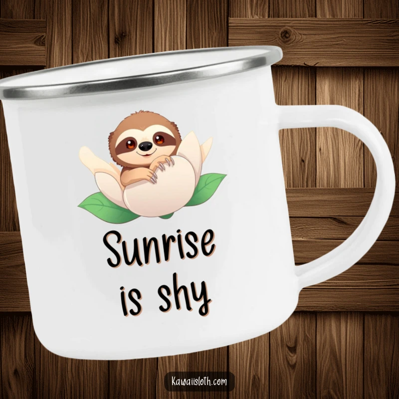 Funny camping mug with a sloth peeking from behind a flower. Adds playful humor and a sense of adventure to outdoor drinks.