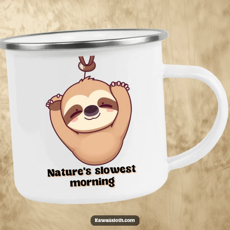 Funny kawaii sloth camping mug hanging upside down serenely blinking with a faint smile, depicting a comical character for humorous outdoor drinkware.