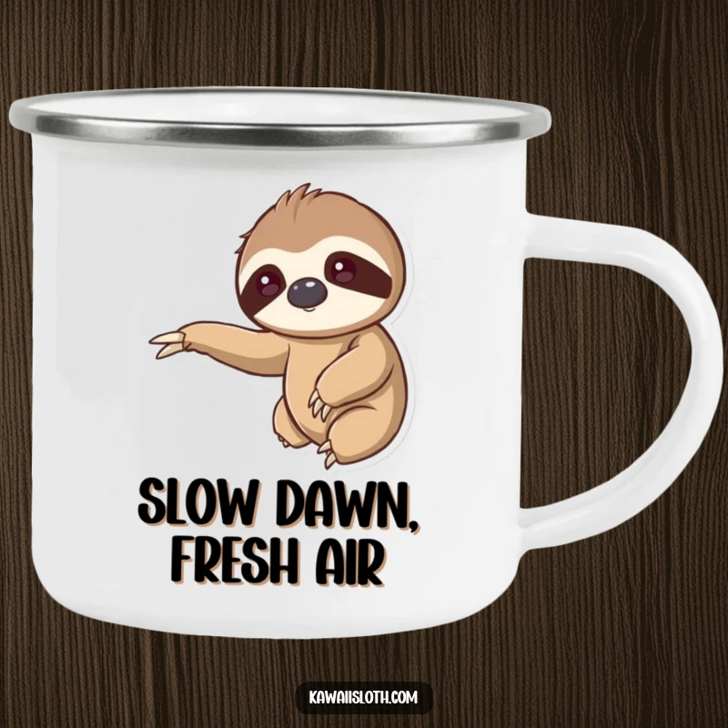 Kawaii sloth camping mug, reaching out arm, gentle hug, slow living, outdoor beverage holder, adorable camping gear, cute gift.