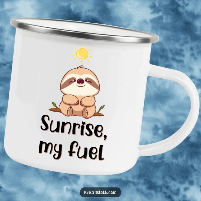 Funny sloth with closed eyes, enjoying a sunbeam, on a rugged camping mug, ready for outdoor relaxation.