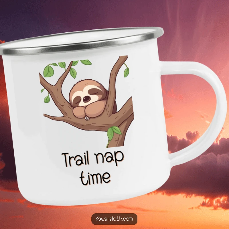 Funny camping mug featuring a contented sloth napping peacefully on a tree branch, for outdoor adventures and relaxation.