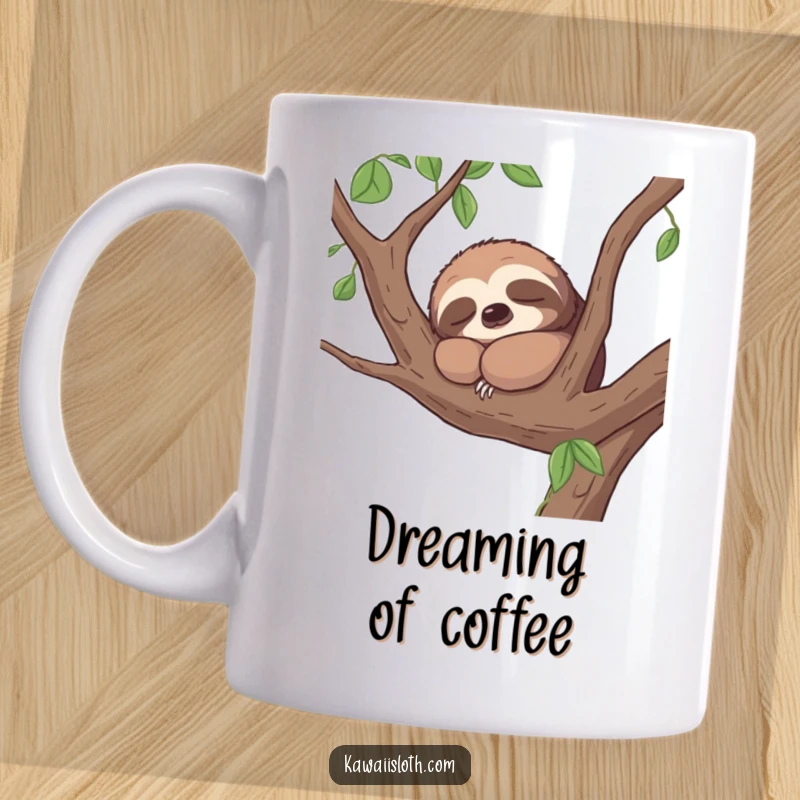 Funny mug showing a sloth sighing contentedly while napping peacefully on a tree branch, embodying ultimate relaxation.