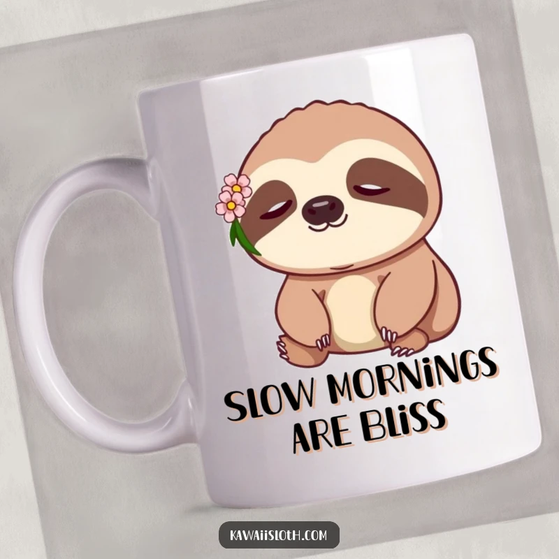 Funny Sloth Mug featuring a peaceful sloth with a tiny flower behind its ear, embodying ultimate relaxation and slow living.