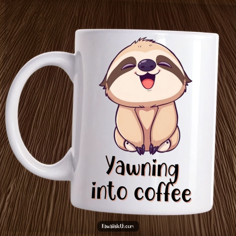 Funny mug featuring a playful sloth mid-yawn, revealing a sweet, subtle smile, embodying relaxed contentment and humor.