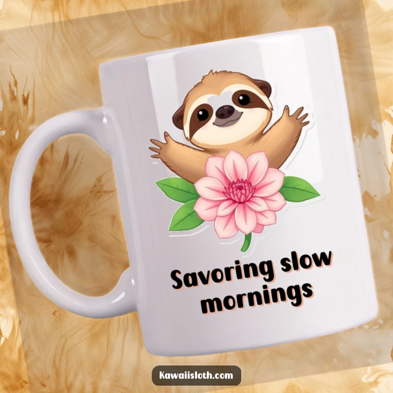 Funny mug featuring a contented sloth with arms wide open, tenderly embracing a large, vibrant flower, symbolizing peace.