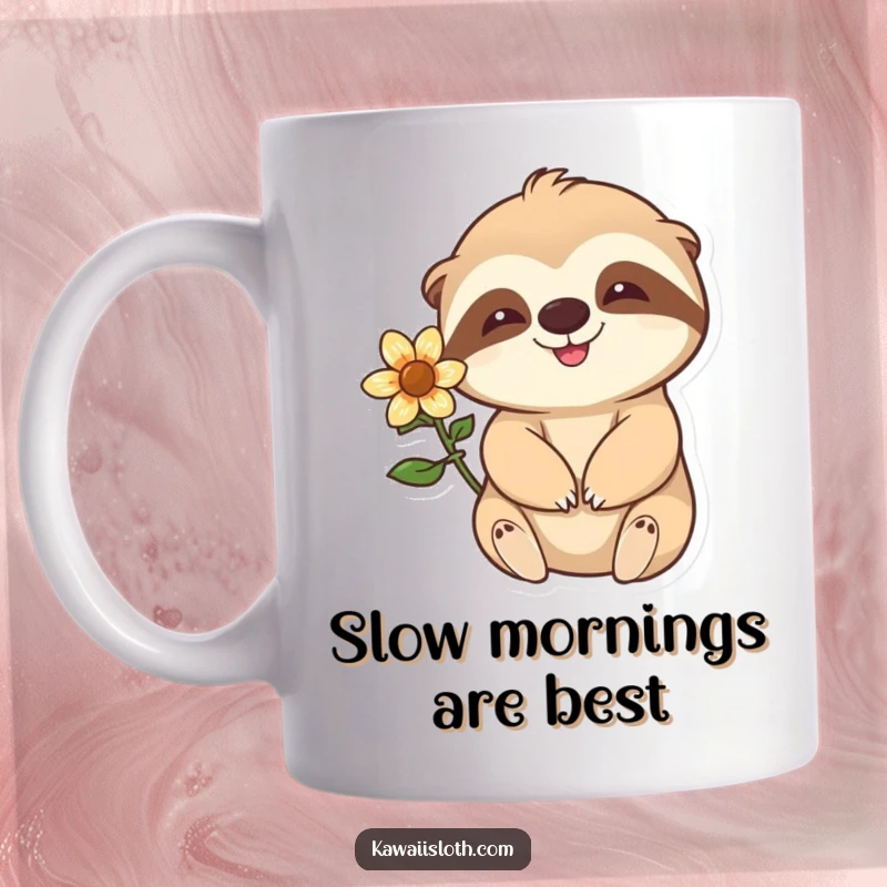 Funny happy sloth with a flower behind its ear waving slowly on a mug, embodying relaxation and joy.