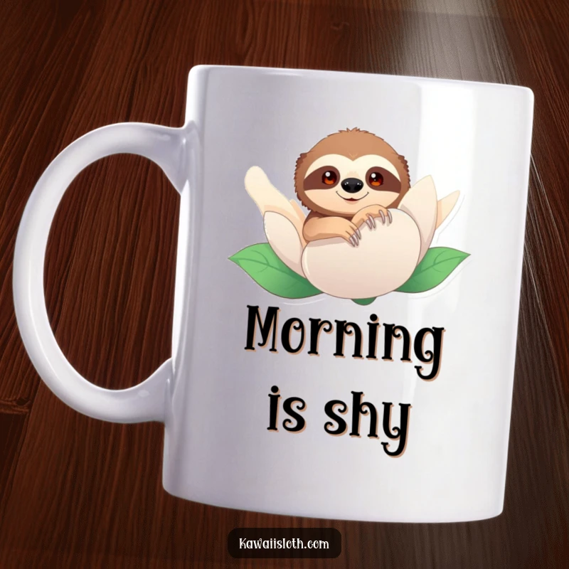 Funny mug with a sloth peeking from behind a large flower bud. Evokes curiosity, playfulness, and gentle humor.