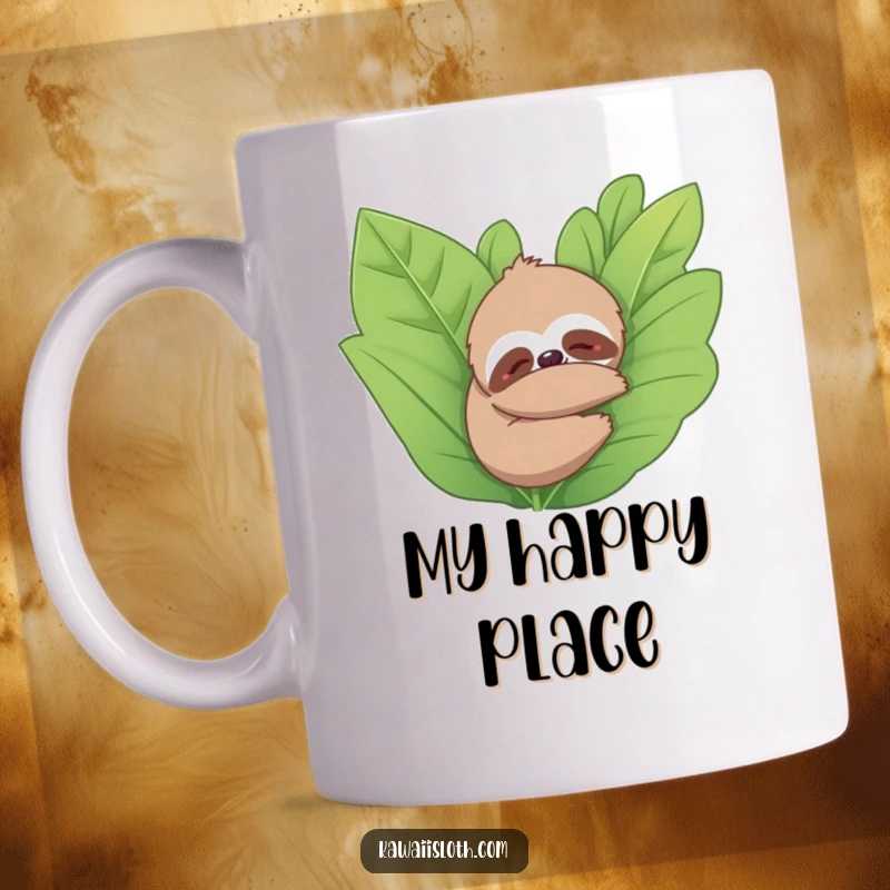 Funny mug showing a sloth contentedly hugging a leafy plant. Conveys peace, nature appreciation, and gentle humor.