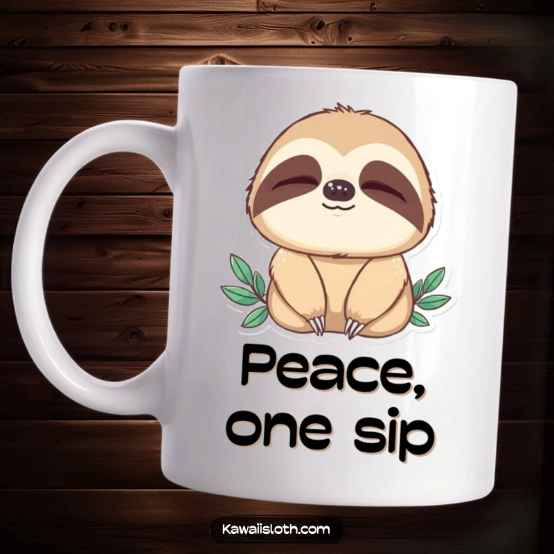Funny mug depicting a sloth blinking slowly with an expression of complete peacefulness. Conveys relaxation and gentle humor.