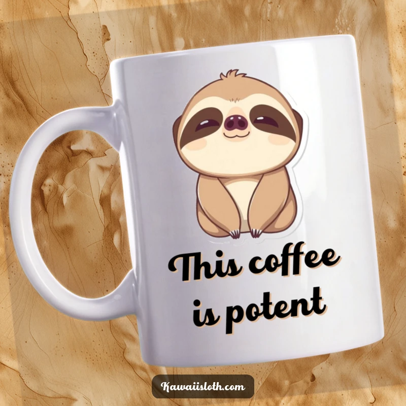 Funny Content Sloth Mug: a sloth blinking slowly with wide, content eyes, symbolizing pure happiness.