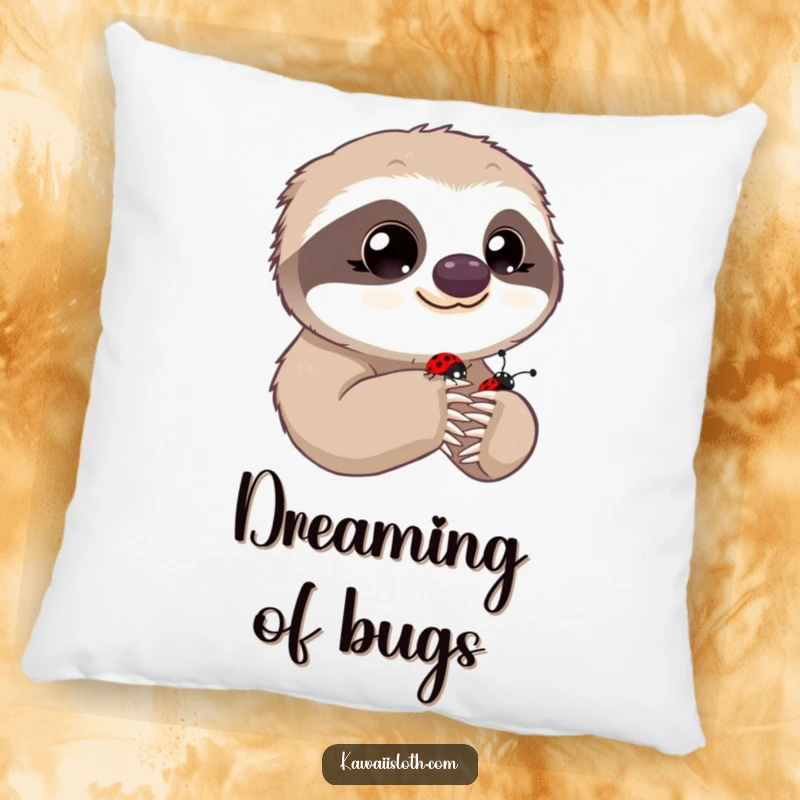 Funny pillow featuring a sloth with innocent eyes observing a ladybug on its paw, a soft and humorous decorative item.