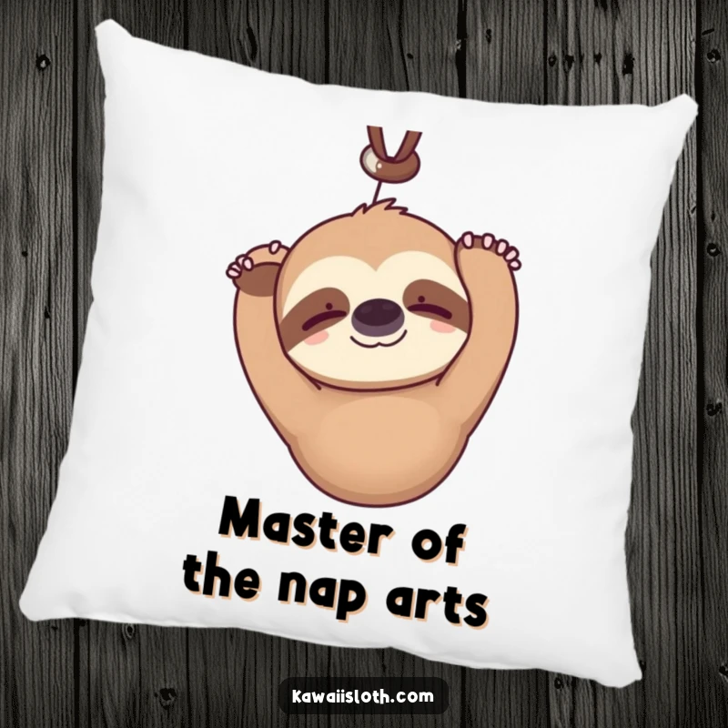 Funny kawaii sloth pillow hanging upside down serenely blinking with a faint smile, showing a cute and humorous character for soft, cozy decor.