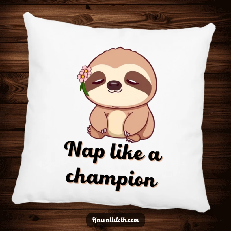 Funny Sloth Pillow: a plush pillow featuring a peaceful sloth with a delicate flower, perfect for cozy seating.