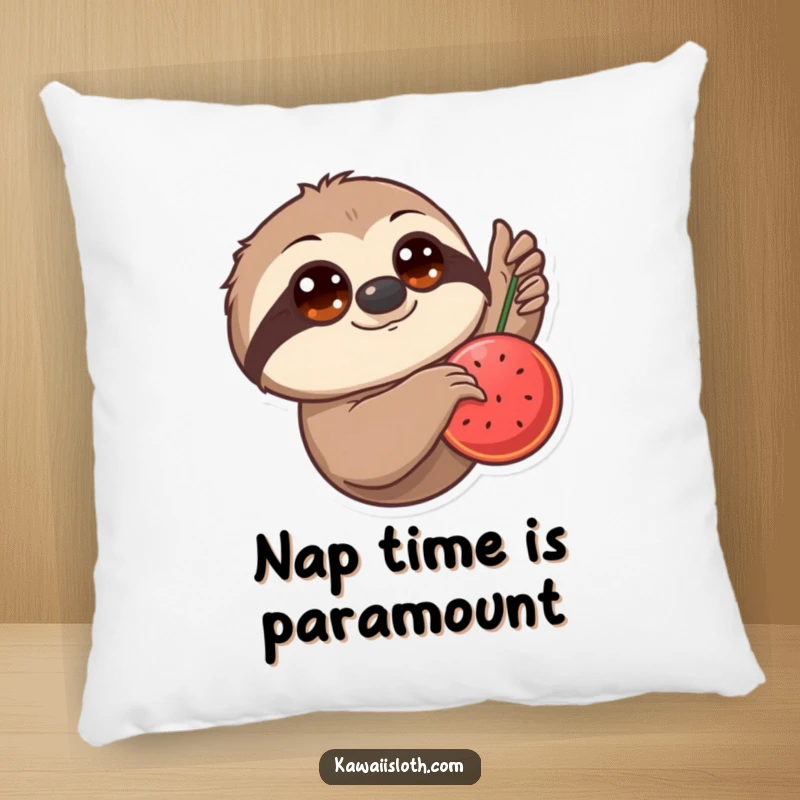 Funny Pillow: A sloth with big eyes slowly reaches for a hanging fruit, a plush symbol of patient snacking and comfort.