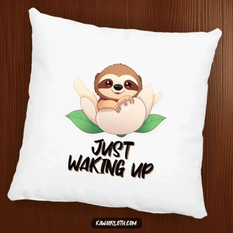 Funny pillow featuring a sloth peeking from behind a flower. Adds a touch of playful mystery and comfort.