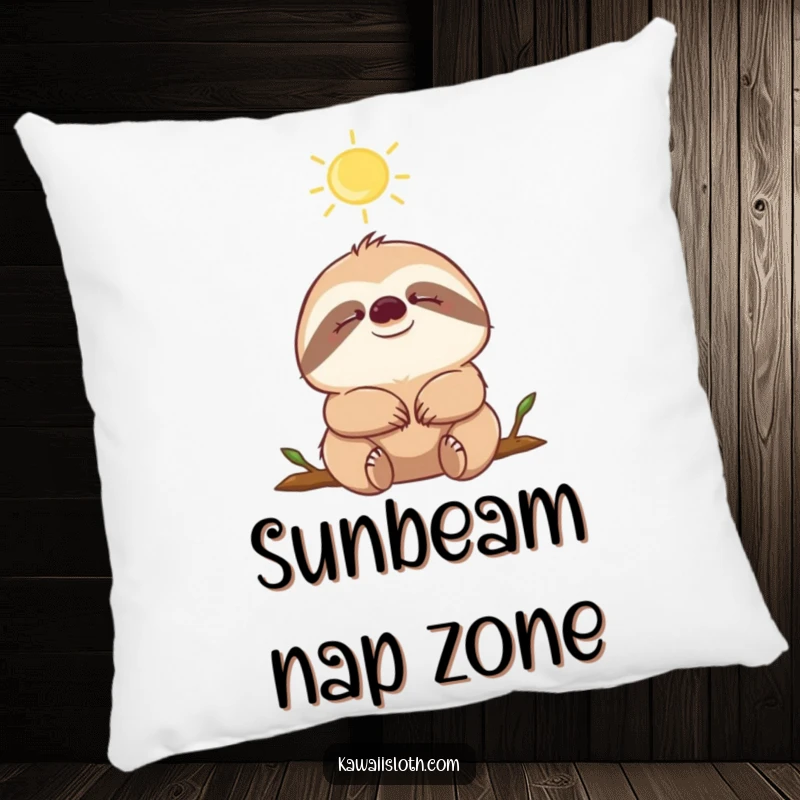 Funny sloth with eyes closed, enjoying a sunbeam, a soft and cuddly pillow design, brings peace to any room.