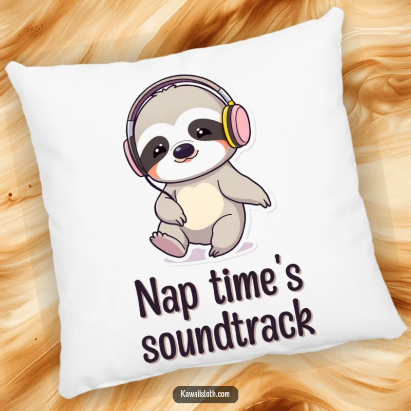 Funny sloth with headphones tapping its foot, a soft and cuddly pillow design, adds humor to any room.