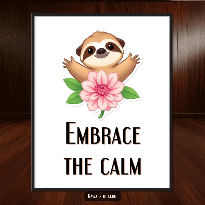 Funny digital art print of a sloth with open arms, tenderly embracing a large flower, radiating peace and natural calm.