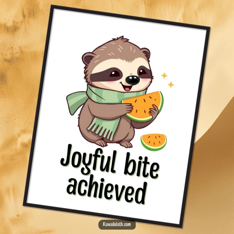Funny digital art print of a happy sloth wearing a scarf, eating fruit, perfect for instant, cozy wall decor.