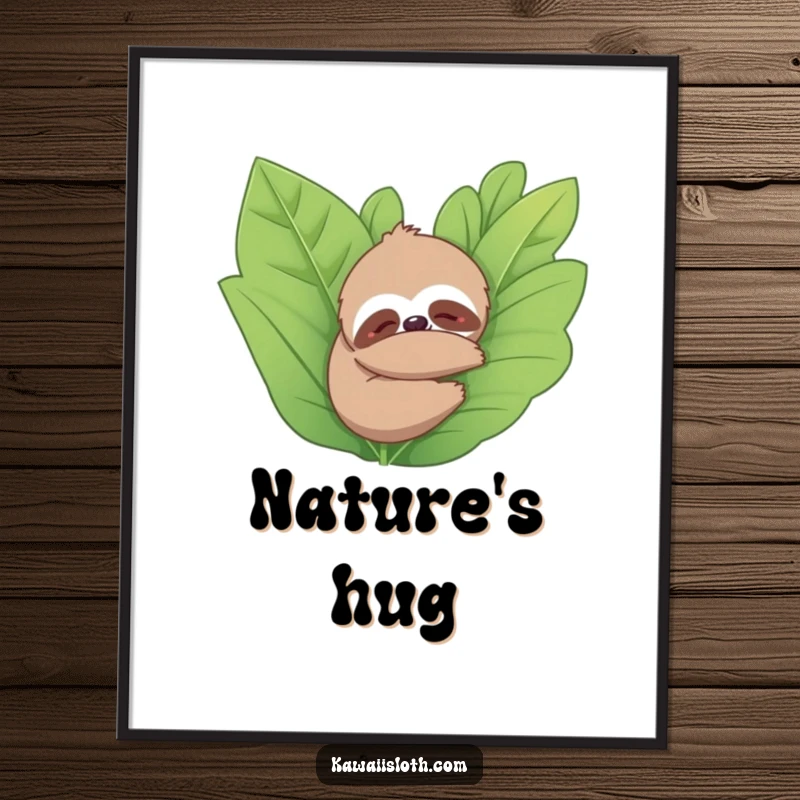 Funny digital art print of a sloth hugging a plant, radiating peace and natural beauty. High-quality, instant download for humorous decor.