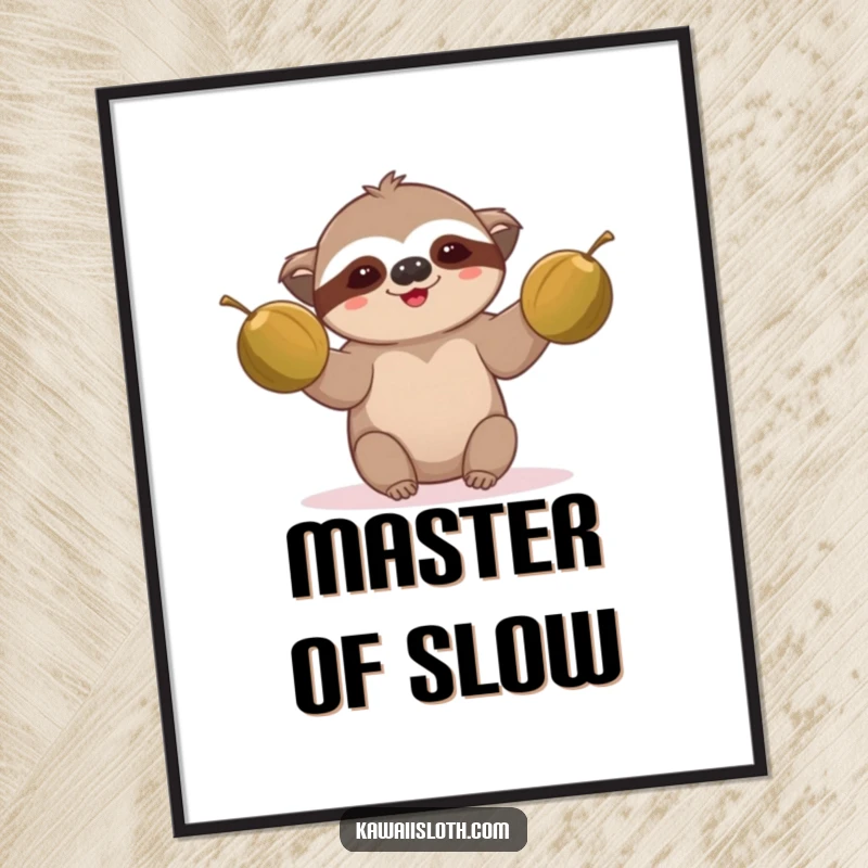 Funny sloth digital art print, comically juggling coconuts, capturing tropical humor, ideal funny gift.