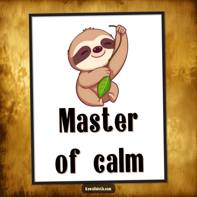 Funny digital art print of a smiling sloth reaching for a leaf, embodying a slow, happy, and humorous mood.