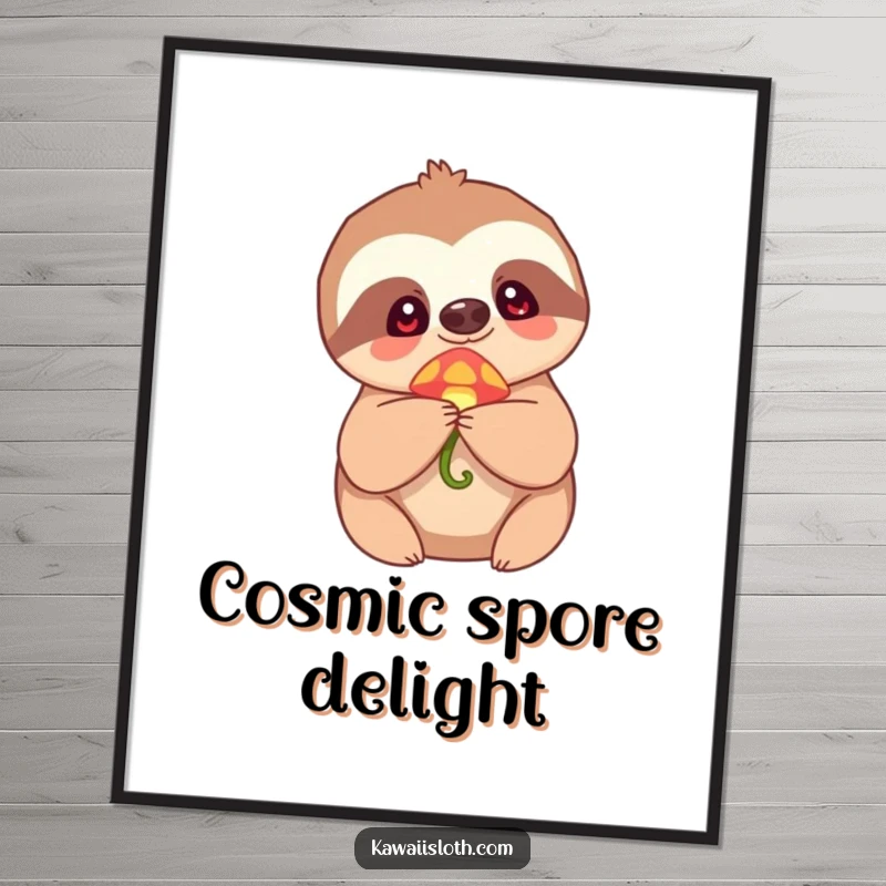 Funny Digital Art Print of a sloth holding a tiny, glowing mushroom with pure wonder, perfect for adding magical humor to any space.