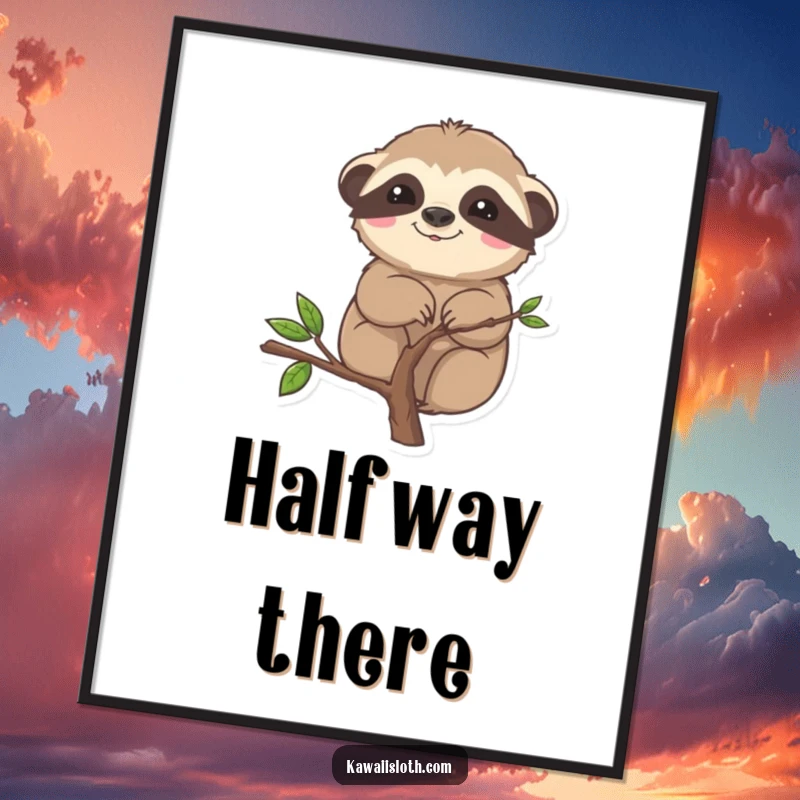 Funny digital art print of a sloth comically stuck on a branch, ideal for instant humorous decor.