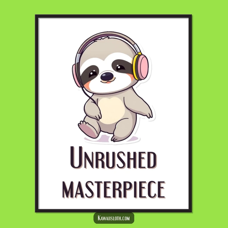 Funny Sloth Tapping Foot Headphones Digital Art: Instant Humorous Wall Decor