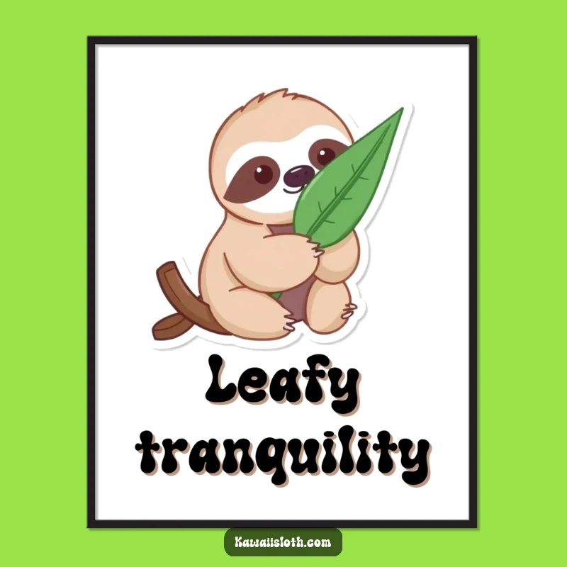 Funny Gentle Sloth Digital Art Print with Leaf - Instant Nature Decor