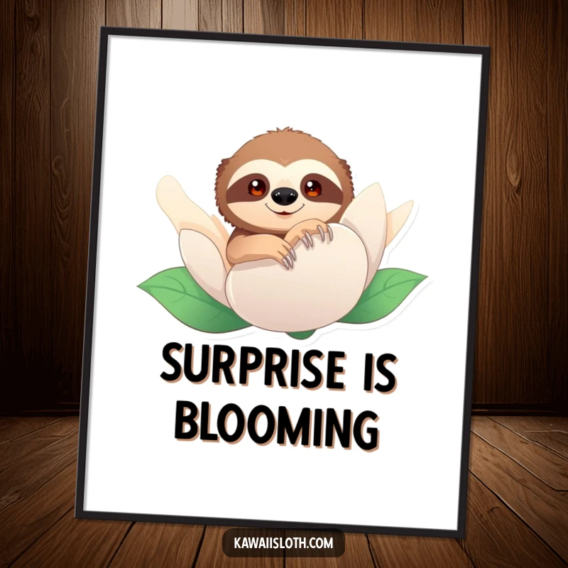 Funny digital art print of a sloth peeking from behind a flower. High-resolution graphic for instant whimsical wall decor.