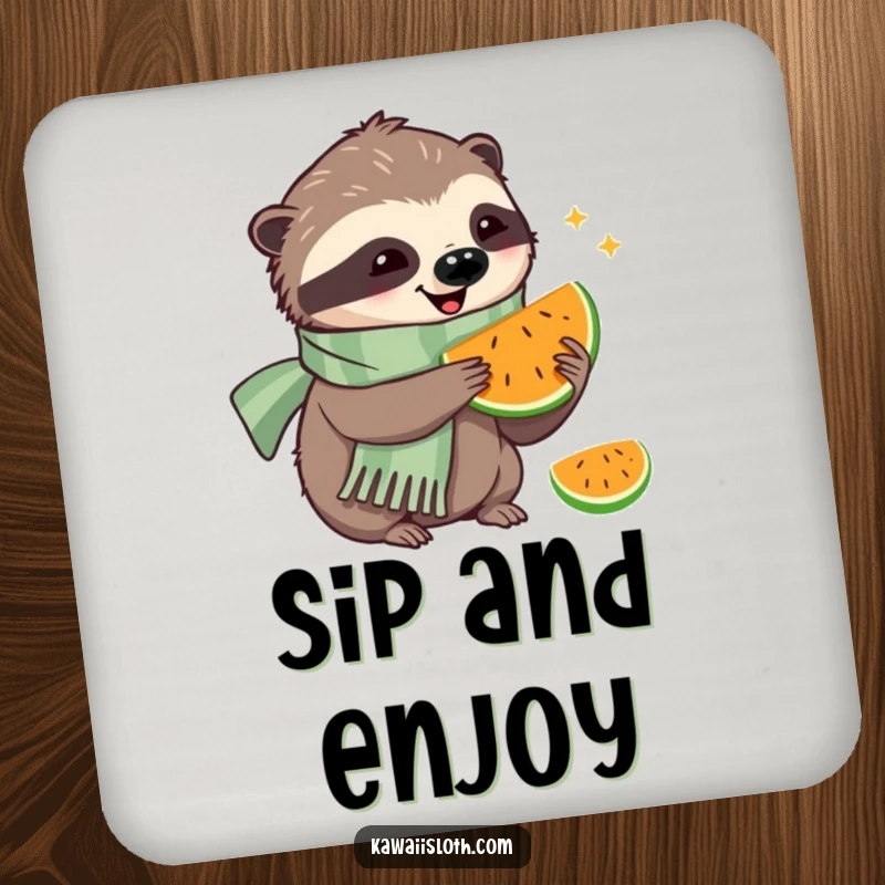 Funny drink coasters featuring a happy sloth in a scarf eating fruit, protecting surfaces with cheerful, humorous charm.
