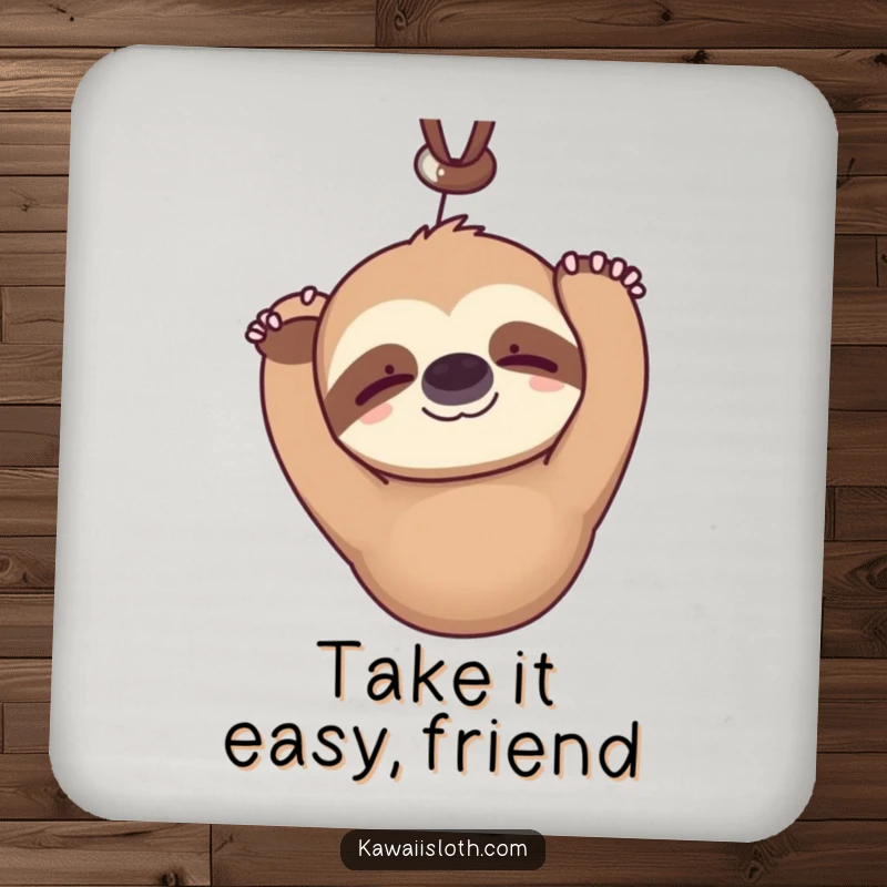 Funny kawaii sloth drink coasters hanging upside down serenely blinking with a faint smile, showing cute characters and protecting surfaces with humor.
