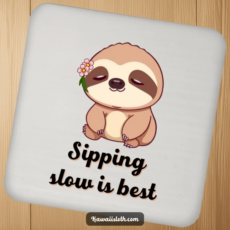 Funny Sloth Coaster: a peaceful sloth wearing a flower, protecting surfaces with style and calm.