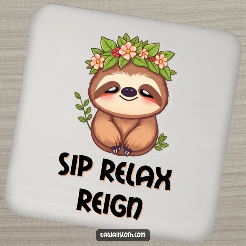Funny sloth drink coasters featuring a sloth wearing a leafy crown with a peaceful expression, adding natural humor to protection.